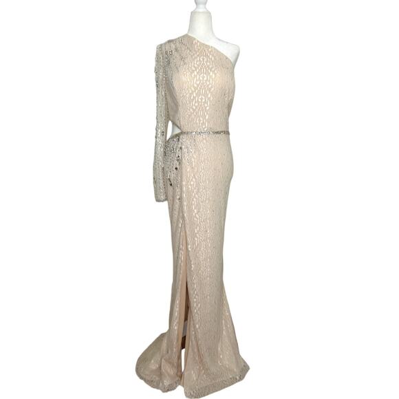Mac Duggal Evening Gown 11306 Embellished One Sleeve Beaded White Cream 16 - Picture 4 of 9